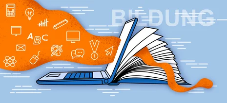 Grafische Darstellung Symbiose von Tablet und Schulbuch